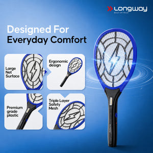 Longway Zappy Rechargeable Mosquito Racket | 3500V DC Voltage on the Net Mesh| Insect Killer Bat | 500mAH Battery | Large Net Area for Better Coverage | Long Lasting Internal Battery | 1 Year Warranty