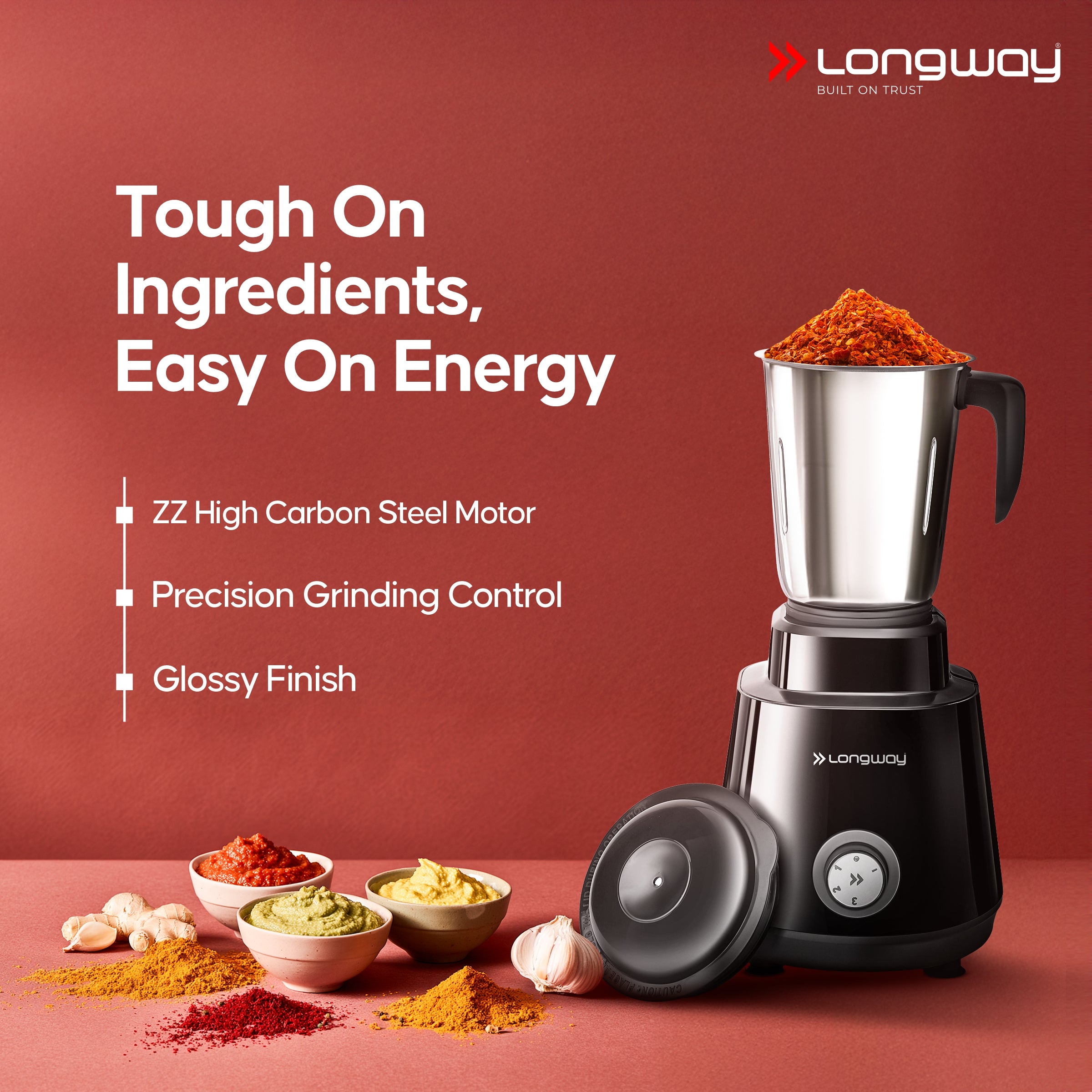Longway Super Pro Juicer Mixer Grinder | Up to 500 - 750 Watt Max Output Powerful Motor | for Grinding, Mixing, Juicing | 2 Year Warranty