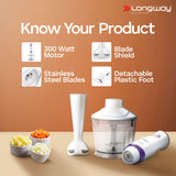 Longway Blendy Hand Blender with Chopper | Stainless Steel Blades | Detachable Anti Splash Plastic Foot | Perfect for Smooth Blends (300 W, Purple)