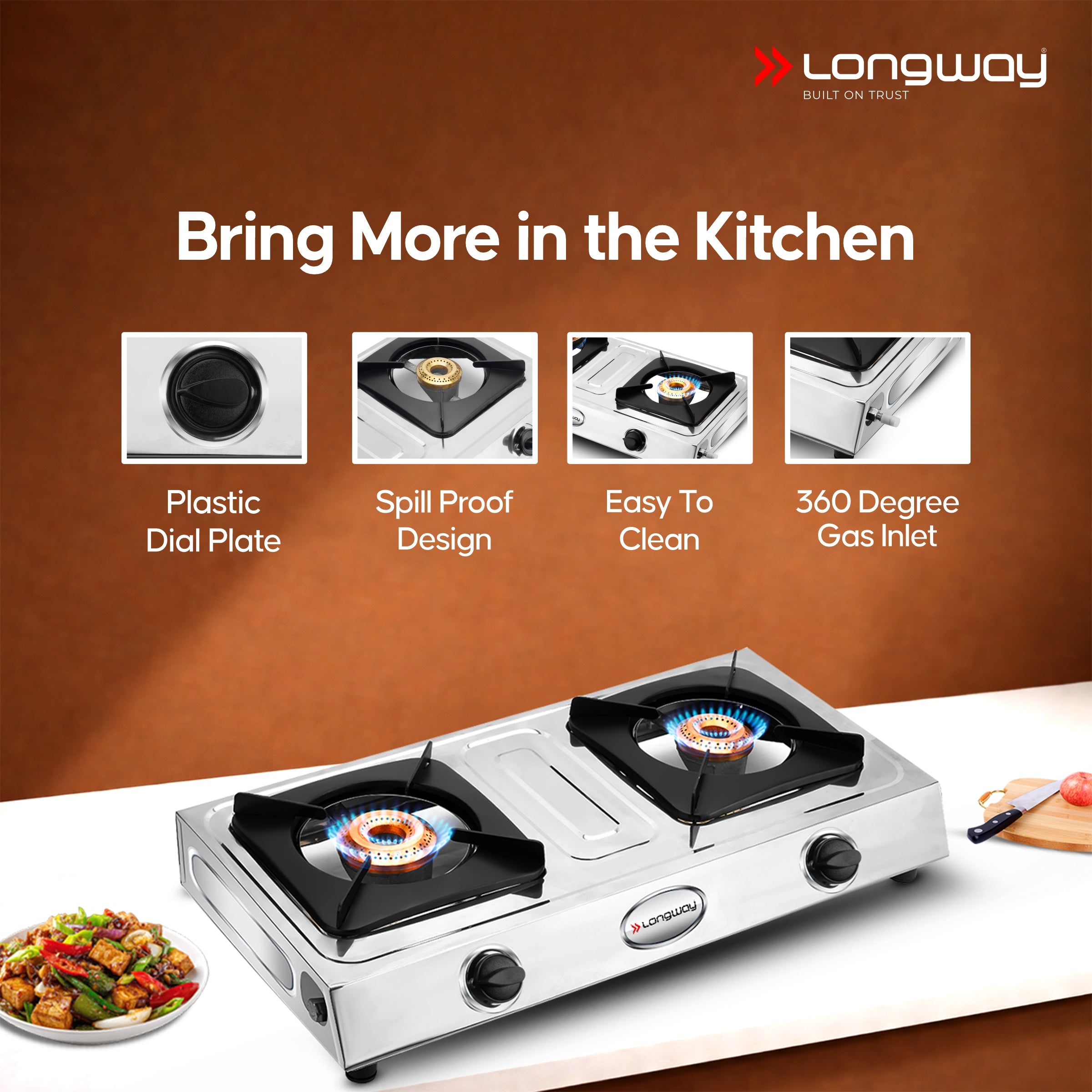 Longway Stellar Stainless Steel Top, 2 Burner Manual Ignition Stainless Steel Gas Stove (Silver, ISI Certified, 2 Year Warranty)
