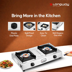 Longway Stellar Stainless Steel Top, 2 Burner Manual Ignition Stainless Steel Gas Stove (Silver, ISI Certified, 2 Year Warranty)