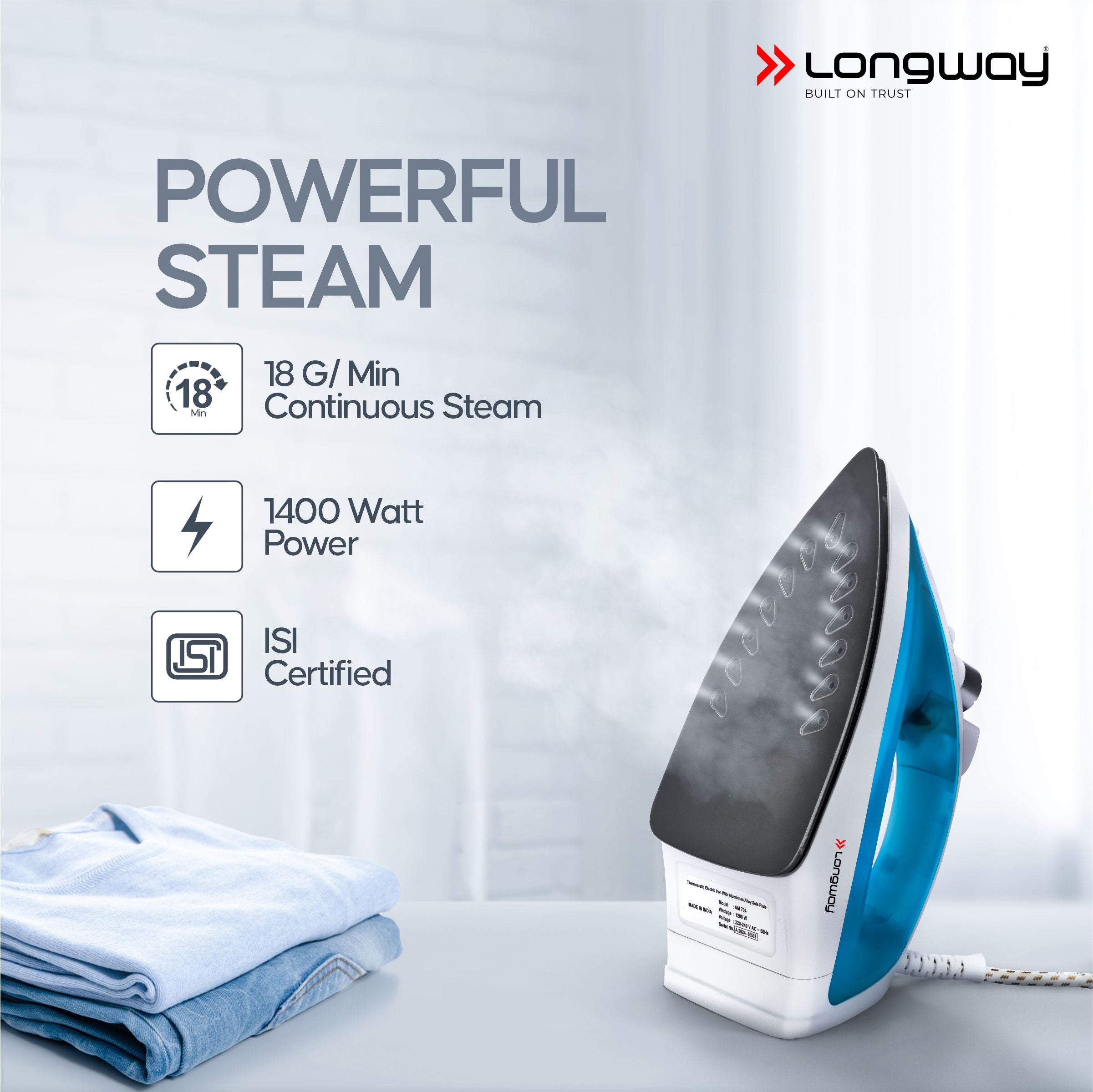 Longway Steamy Light Weight Non Stick Steam Iron, Powerful Steam Output Up to 18 G/Min (1400 Watt, Blue)