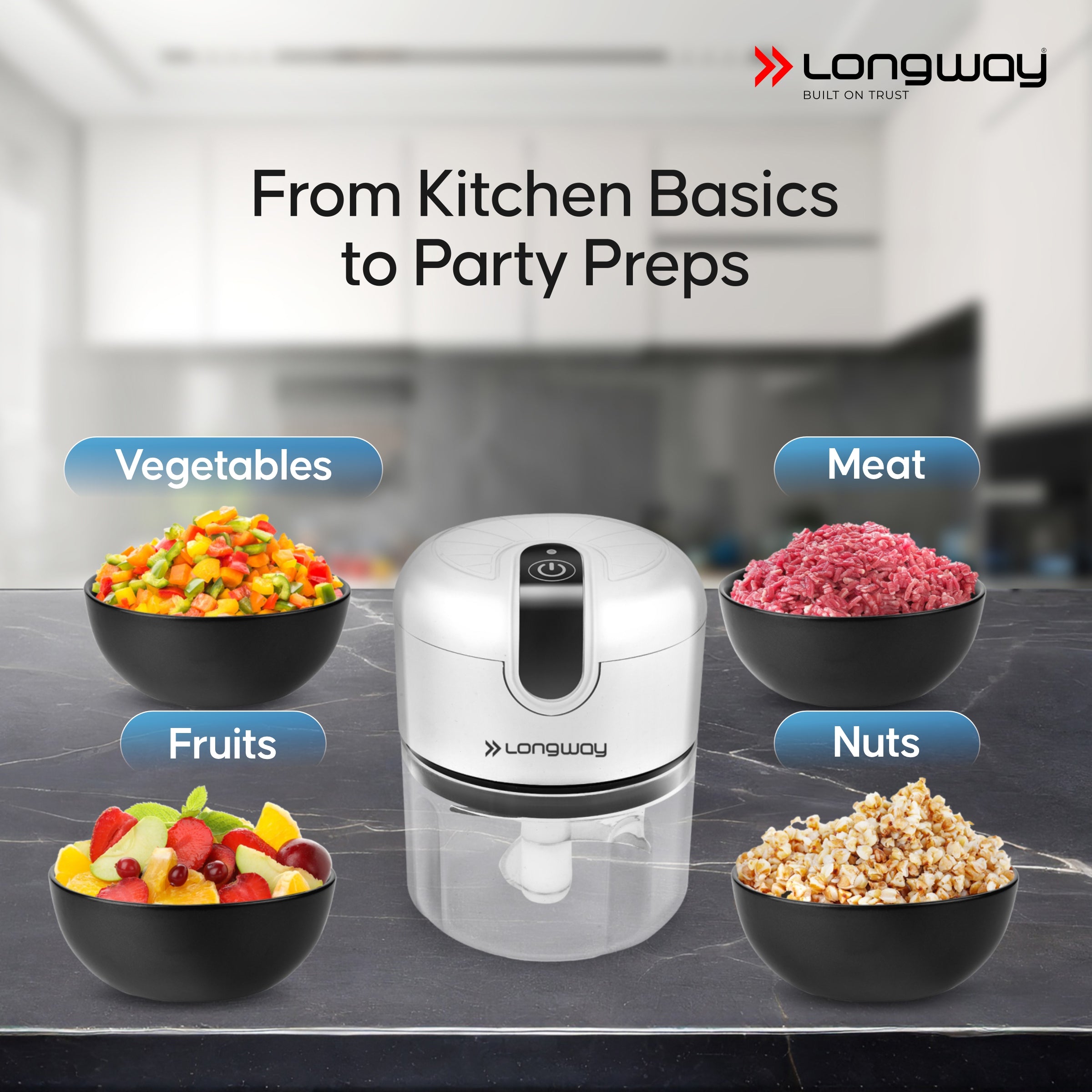 Longway Slicer Rechargeable Mini Electric Chopper | 250ml Food Grade Bowl | Stainless Steel Blades | One Touch Operation | Chopping & Mincing Garlic, Onion, Ginger, Vegetable, Meat, Nuts| Portable & Compact | 1 Year Warranty (White)