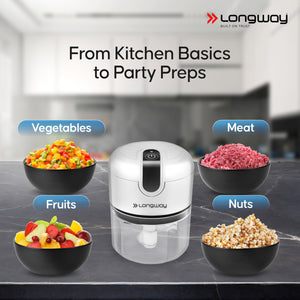 Longway Slicer Rechargeable Mini Electric Chopper | 250ml Food Grade Bowl | Stainless Steel Blades | One Touch Operation | Chopping & Mincing Garlic, Onion, Ginger, Vegetable, Meat, Nuts| Portable & Compact | 1 Year Warranty (White)