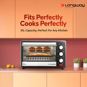 Longway Royal Plus OTG 25 Ltr Oven Toaster Griller with Multiple Heating Modes | Temperature Timer Control for Baking Pizza, Cake, Grilling Chicken & Toasting Bread|1 Year Warranty (1280W, Silver)