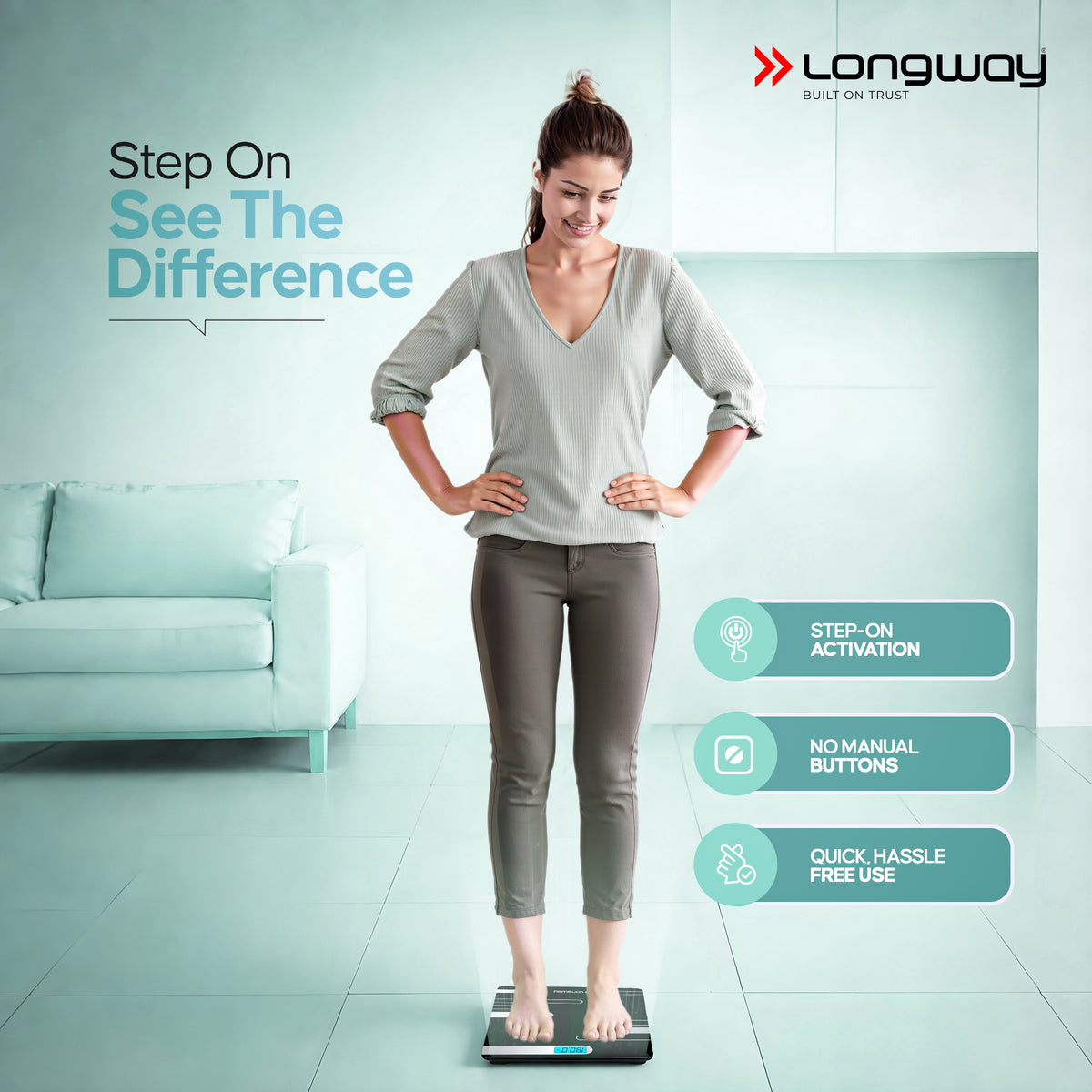 Longway Weight Machine for Home | Digital Bathroom Scale for Human Body Weight Measurement | Extra Thick Tempered Glass with LCD Display (36 Months Warranty | Max Weight 180Kgs | Power)