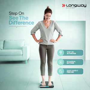 Longway Weight Machine for Home | Digital Bathroom Scale for Human Body Weight Measurement | Extra Thick Tempered Glass with LCD Display (36 Months Warranty | Max Weight 180Kgs | Power)