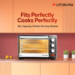 Longway Royal Plus OTG 28 Ltr Oven Toaster Griller with Illuminated chamber, Motorized rotisserie Multiple Heating Modes | Temperature Timer Control for Baking Pizza, Cake, Grilling Chicken & Toasting Bread (1500W, Silver)