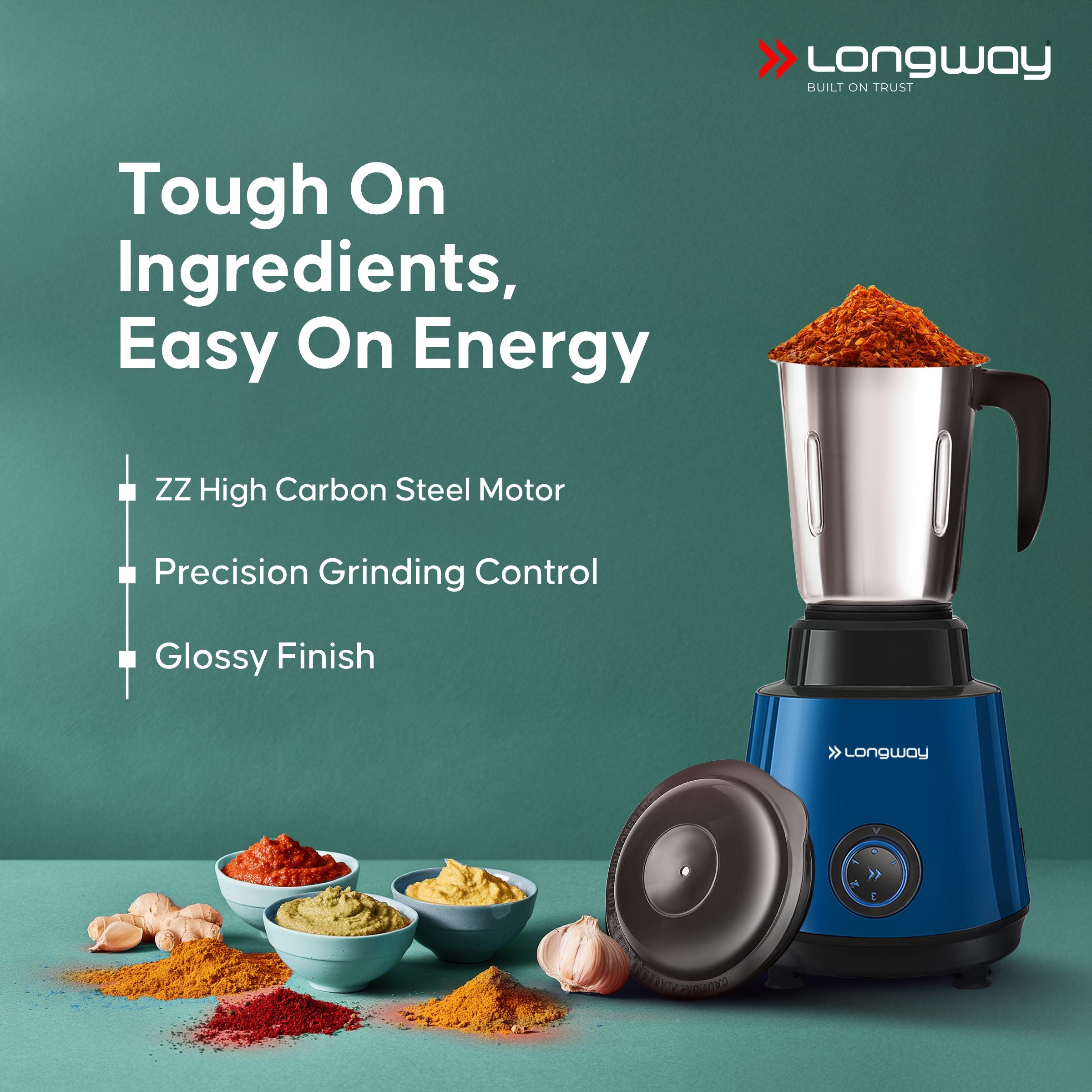 Longway Super Pro Juicer Mixer Grinder | Up to 500 - 750 Watt Max Output Powerful Motor | for Grinding, Mixing, Juicing | 2 Year Warranty