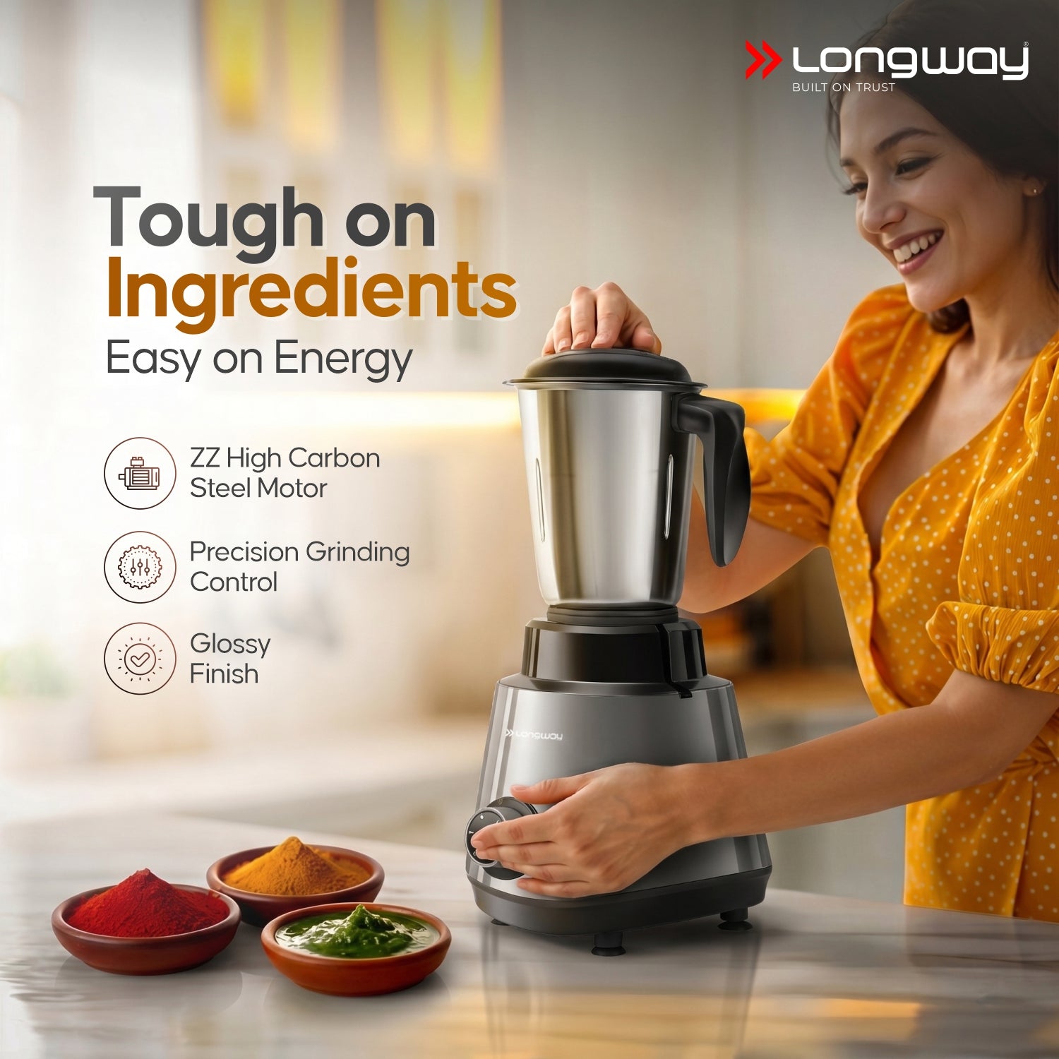Longway Super Pro Juicer Mixer Grinder | Up to 500 - 750 Watt Max Output Powerful Motor | for Grinding, Mixing, Juicing | 2 Year Warranty