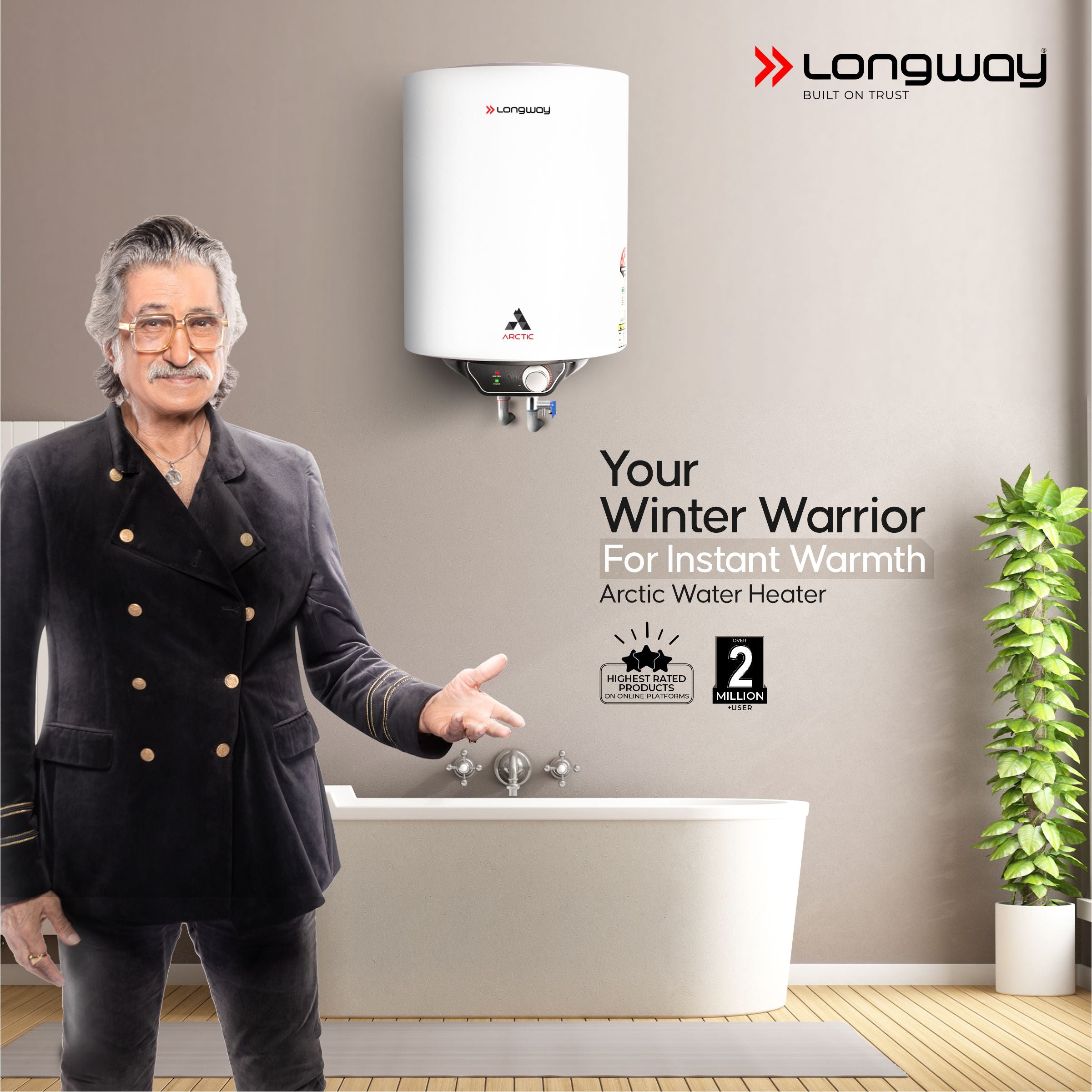 Longway Arctic 25 Ltr 5 Star Rated Storage Water Heater for Home with Advanced Multi-Layered Safety System & Anti-Rust Coating | Glassline Coated Tank | Suitable for Hard Water & High-Rise Building | 5 Years Warranty (White)