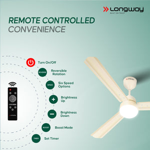 Longway Luminair 1200 mm BLDC Ceiling Fan with Remote Control & LED Light | BEE 5 Star Rated Energy Efficient | Ultra High Speed 3 Blade Anti-Dust Decorative Ceiling Fan | 5 Years Warranty (Ivory)