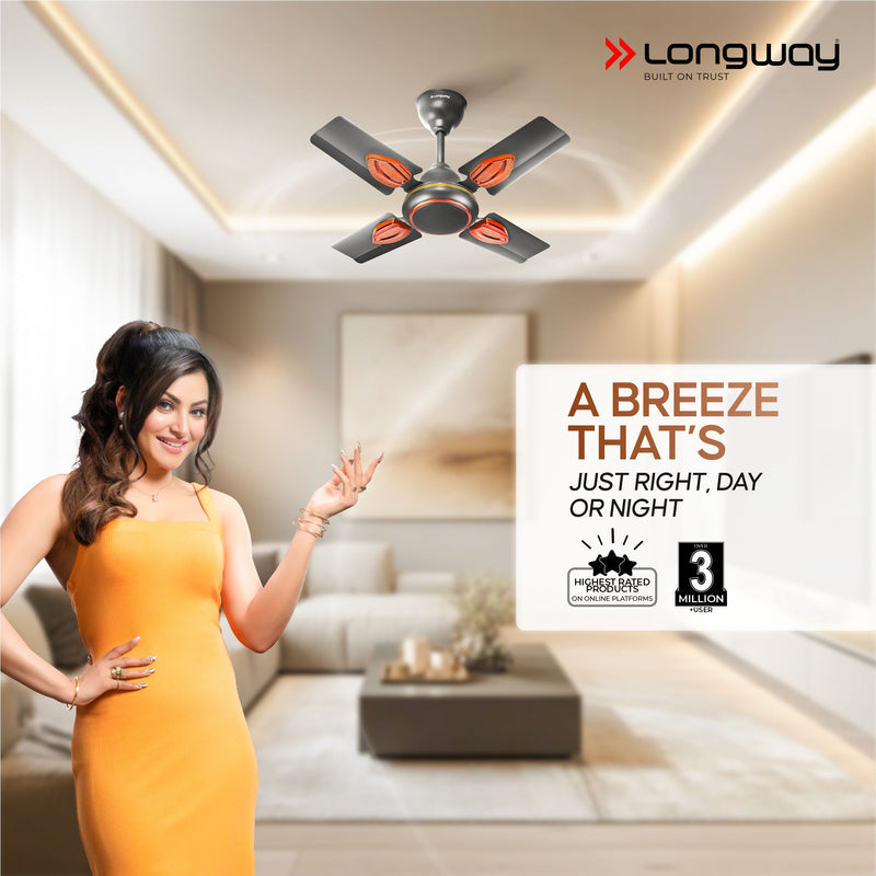 Longway Kiger P1 600 mm/24 inch Ultra High Speed 4 Blade Anti-Dust Decorative 5-Star Rated Ceiling Fan (Smoked Brown, Pack of 1)