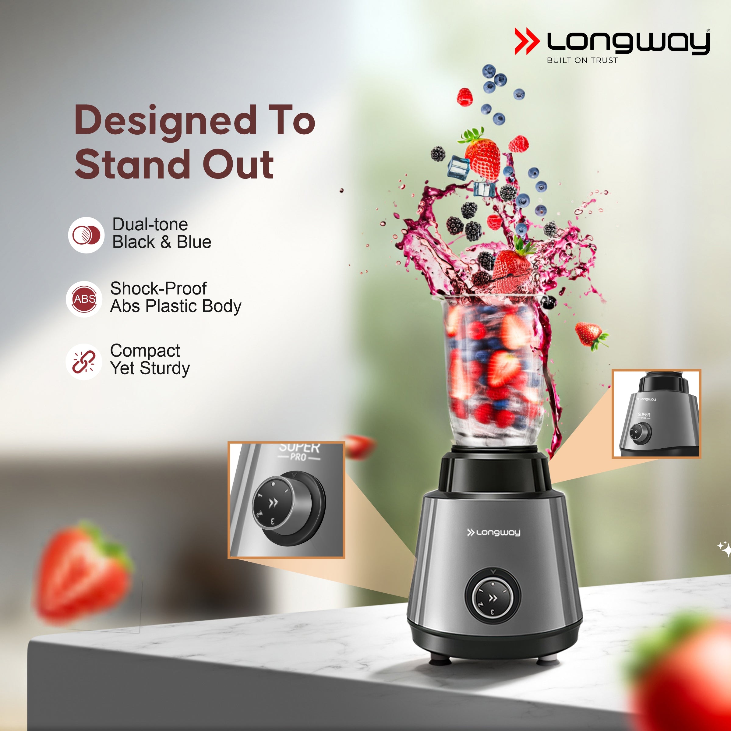 Longway Super Pro Juicer Mixer Grinder | Up to 500 - 750 Watt Max Output Powerful Motor | for Grinding, Mixing, Juicing | 2 Year Warranty