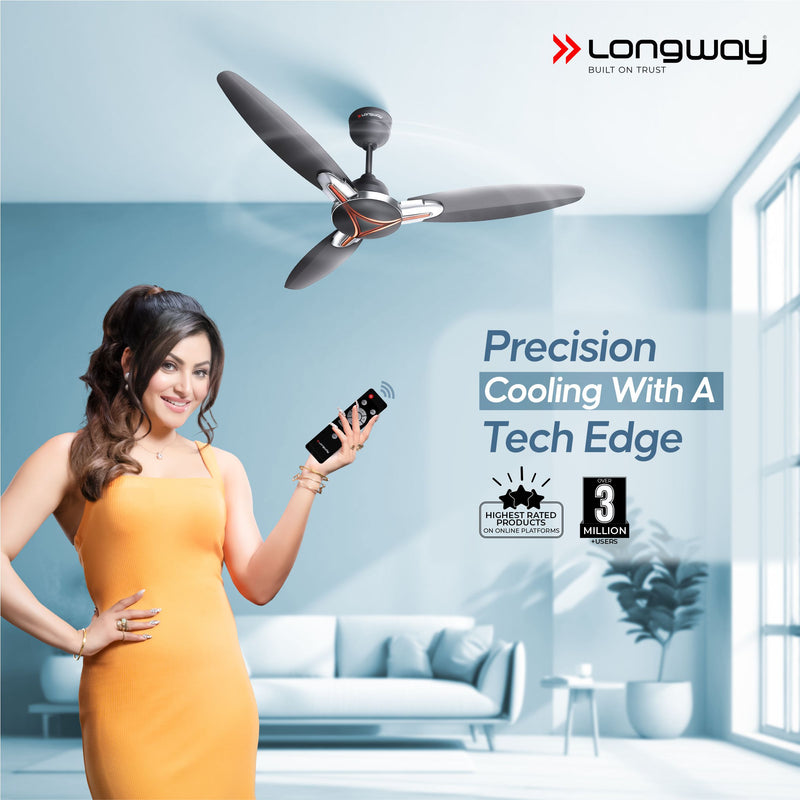 Longway Zephyr 1200 mm BLDC Ceiling Fan with Remote Control | BEE 5 Star Rated Energy Efficient | Ultra High Speed 3 Blade Anti-Dust Decorative Ceiling Fan | 3 Years Warranty (Smoked Brown, Pack of 1)