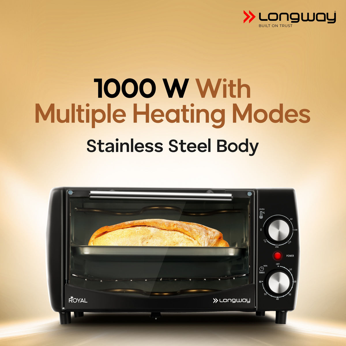 Longway Royal OTG 12 Ltr Oven Toaster Griller with Heating Modes | Temperature Timer Control for Baking Pizza, Cake, Grilling Chicken & Toasting Bread| (1000 W)