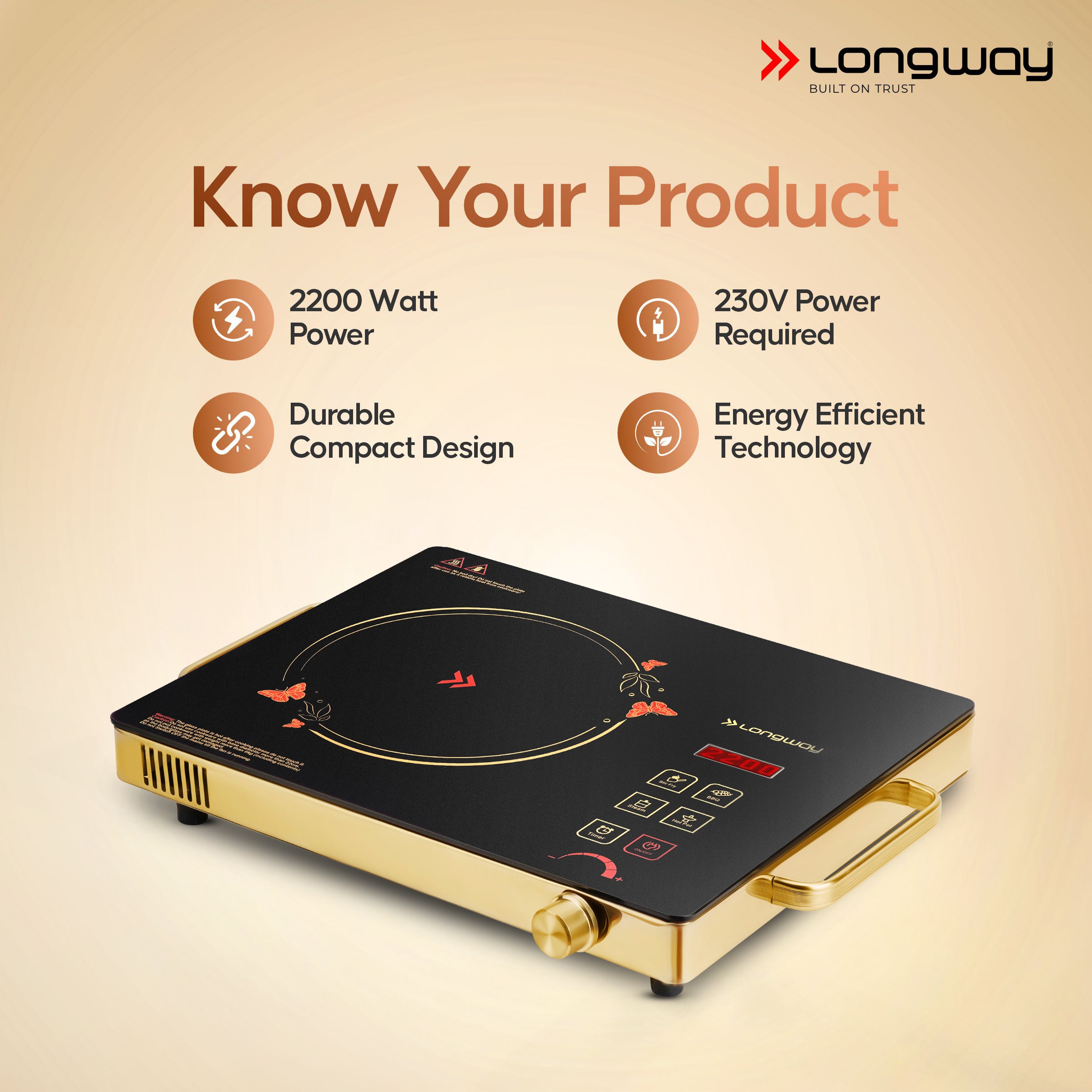 Longway Infralite Pro ICT 2200 W Infrared Cooktop with Free Stainless Steel Grill | Auto Shut Off & Overheat Protection