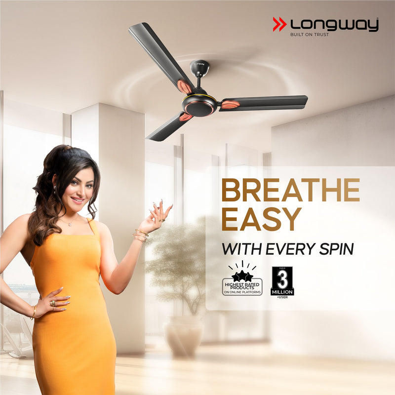 Longway Kiger P2 1200 mm/48 inch Ultra High Speed 3 Blade Anti-Dust Decorative Star Rated Ceiling Fan (Smoked Brown, Pack of 2)