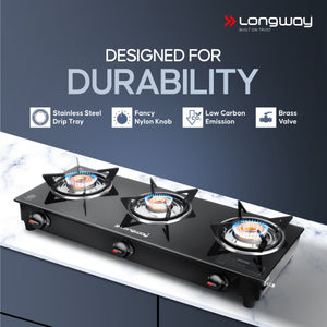 Longway Furn Glass Top, 3 Burner Manual Ignition Glass Gas Stove (Black, ISI Certified, 1 Year Warranty)