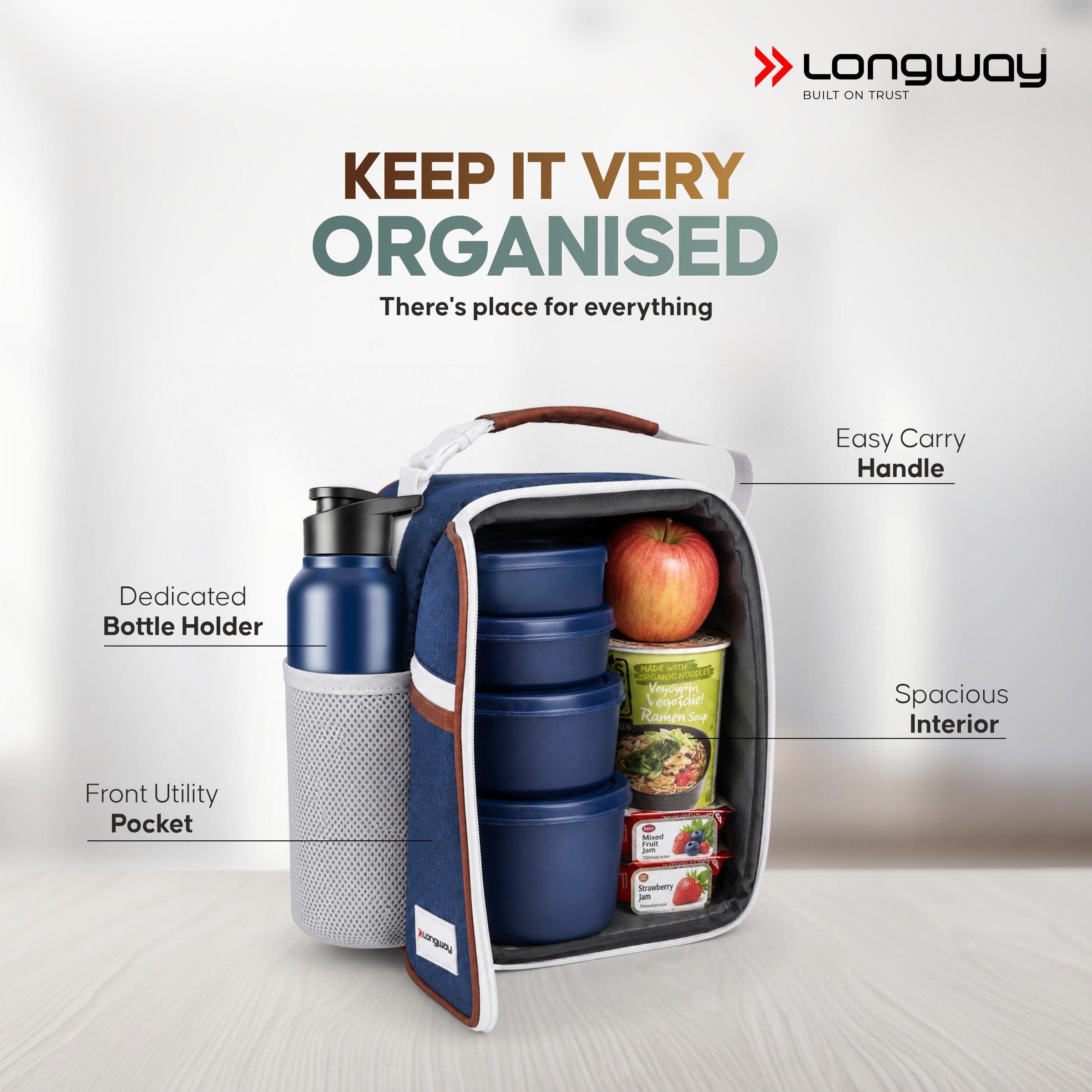 Longway Kivo Lunch Box with 3 Containers, 750ml Stainless Steel Bottle & Insulated Bag | Microwave Safe Food-Grade Containers (290ml, 400ml & 600ml) | Cutlery & Pickle Box