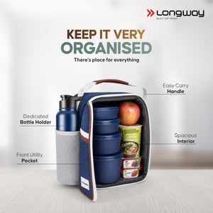 Longway Kivo Lunch Box with 3 Containers, 750ml Stainless Steel Bottle & Insulated Bag | Microwave Safe Food-Grade Containers (290ml, 400ml & 600ml) | Cutlery & Pickle Box