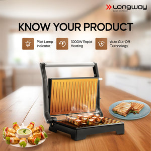 Longway Crisp Master 1000 W Electric Panini Sandwich Maker, Grill & Toaster | Non-stick Coating Cast Aluminum Plates | Adjustable Height Control & Floating Hinges | Grills Sandwiches, Bread, Burger, Grilled Chicken & Kebabs (Metallic Silver)