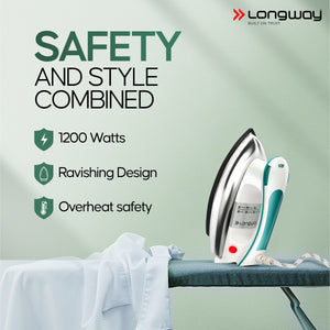 Longway Plancha Heavy Weight Non-Stick Teflon Coated Dry Iron, Electric Iron for Clothes | 2 Years Warranty| (1200 Watt, Black)