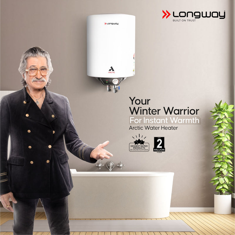 Longway Arctic 15 Ltr 5 Star Rated Storage Water Heater for Home with Advanced Multi-Layered Safety System & Anti-Rust Coating | Glassline Coated Tank | Suitable for Hard Water & High-Rise Building | 5 Years Warranty (White)