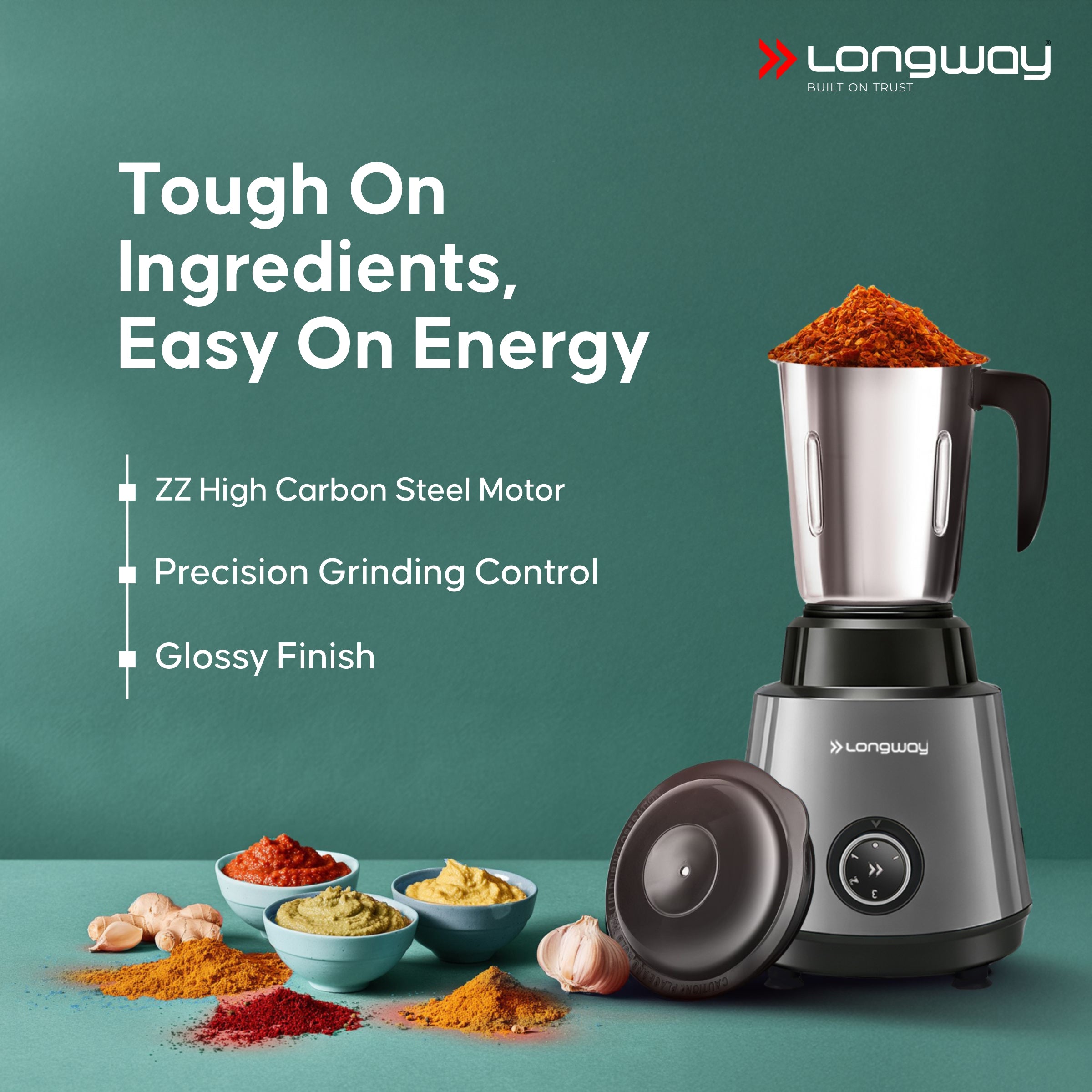 Longway Super Pro Juicer Mixer Grinder | Up to 500 - 750 Watt Max Output Powerful Motor | for Grinding, Mixing, Juicing | 2 Year Warranty
