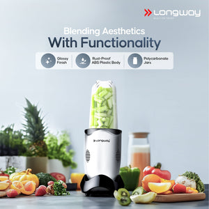 Longway Nutri Power 600 W Bullet Mixer Grinder & Smoothie Maker with Stainless Steel Blades & ABS Plastic Body | 22000 RPM | 3 Years Warranty (3 Jars, Silver)