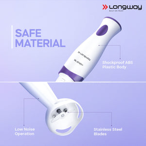 Longway Blendy Hand Blender with Stainless Steel Blades | Detachable Anti Splash Plastic Foot | Perfect for Smooth Blends (300 W, Purple)