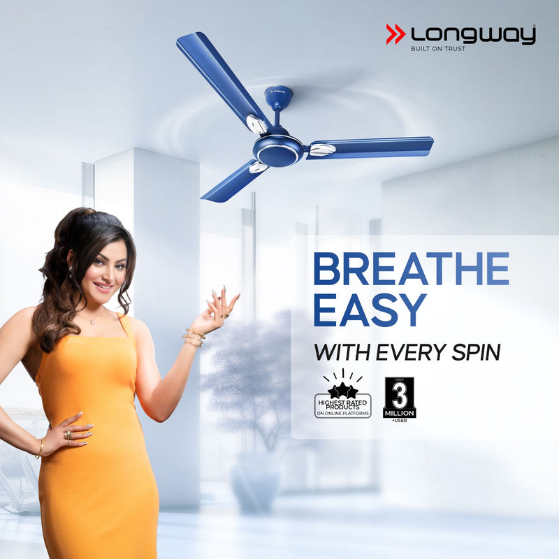 Longway Kiger P1 1200 mm/48 inch Ultra High Speed 3 Blade Anti-Dust Decorative Star Rated Ceiling Fan (Silver Blue)