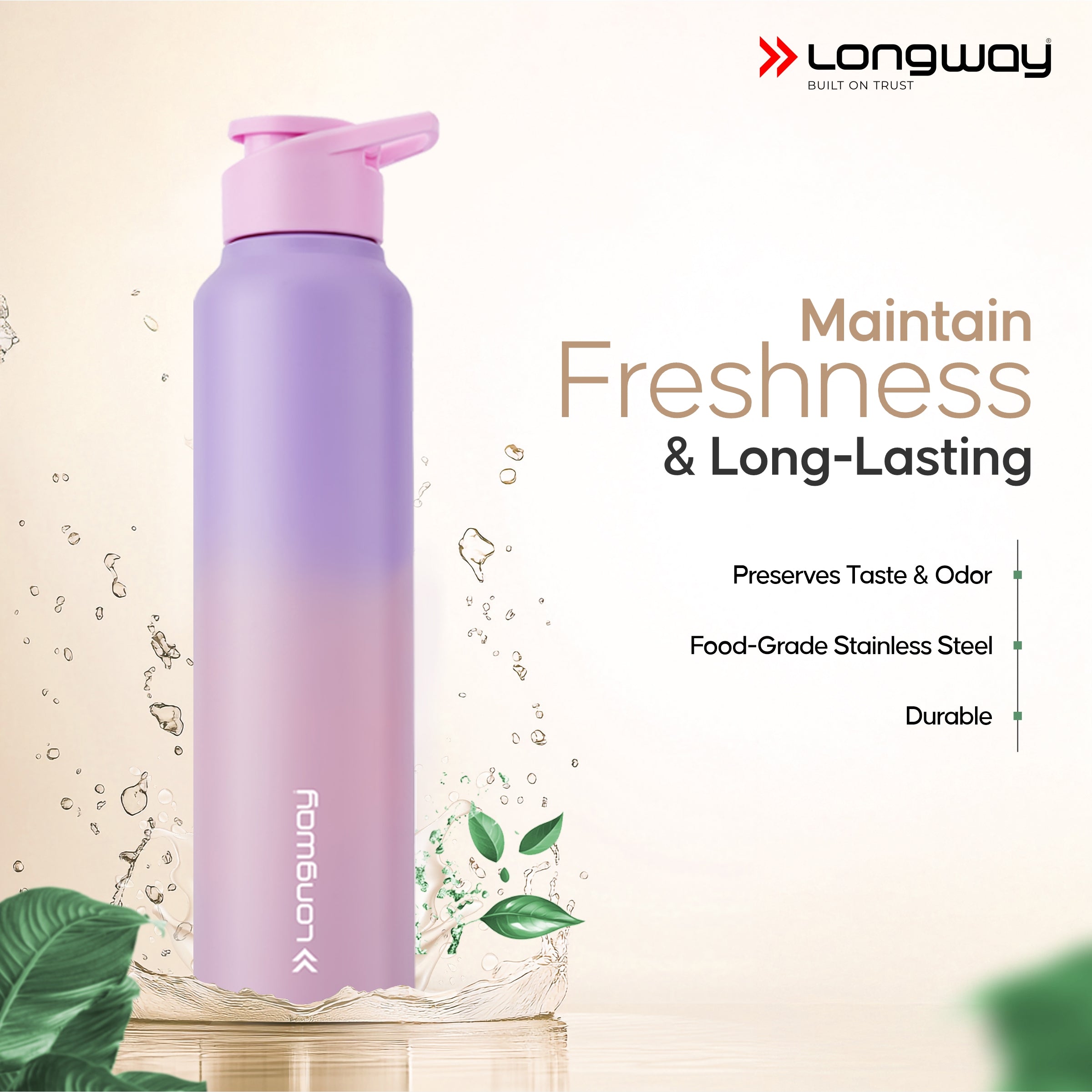 Longway Rush 1 Ltr Stainless Steel Water Bottle | Leak-Proof & Rust-Free Design | Perfect for School, Office, Home, Gym, Travel & Ideal for Men, Women & Kids (1000 ml)