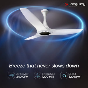Longway Glideon 1200mm BLDC Ceiling Fan with Remote Control | Premium Look with Ultra Silent Performance | ABS Blade & Body | BEE 5 Star Rated | Anti-Dust Decorative Ceiling Fan | 5 Years Warranty (White, Pack of 1)