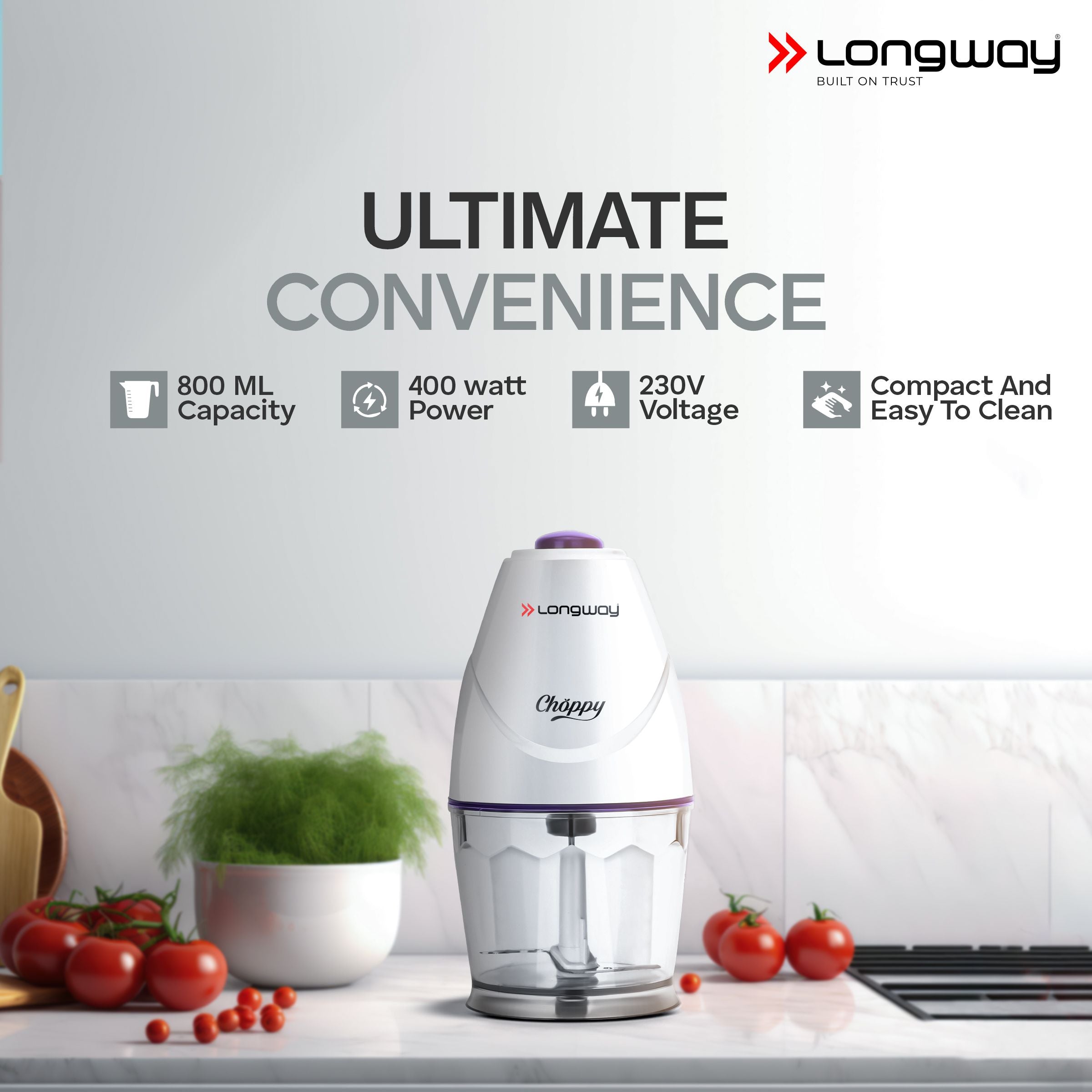 Longway Choppy 400 Watts Electric Vegetable Chopper with Stainless Steel Blades | Chopper, Cutter, Mince, Dice, Whisk Blend | 1 Year Warranty (800 ml, Purple)