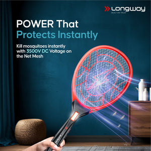 Longway Zappy Rechargeable Mosquito Racket | 3500V DC Voltage on the Net Mesh| Insect Killer Bat | 500mAH Battery | Large Net Area for Better Coverage | Long Lasting Internal Battery | 6 Months Warranty (Black)