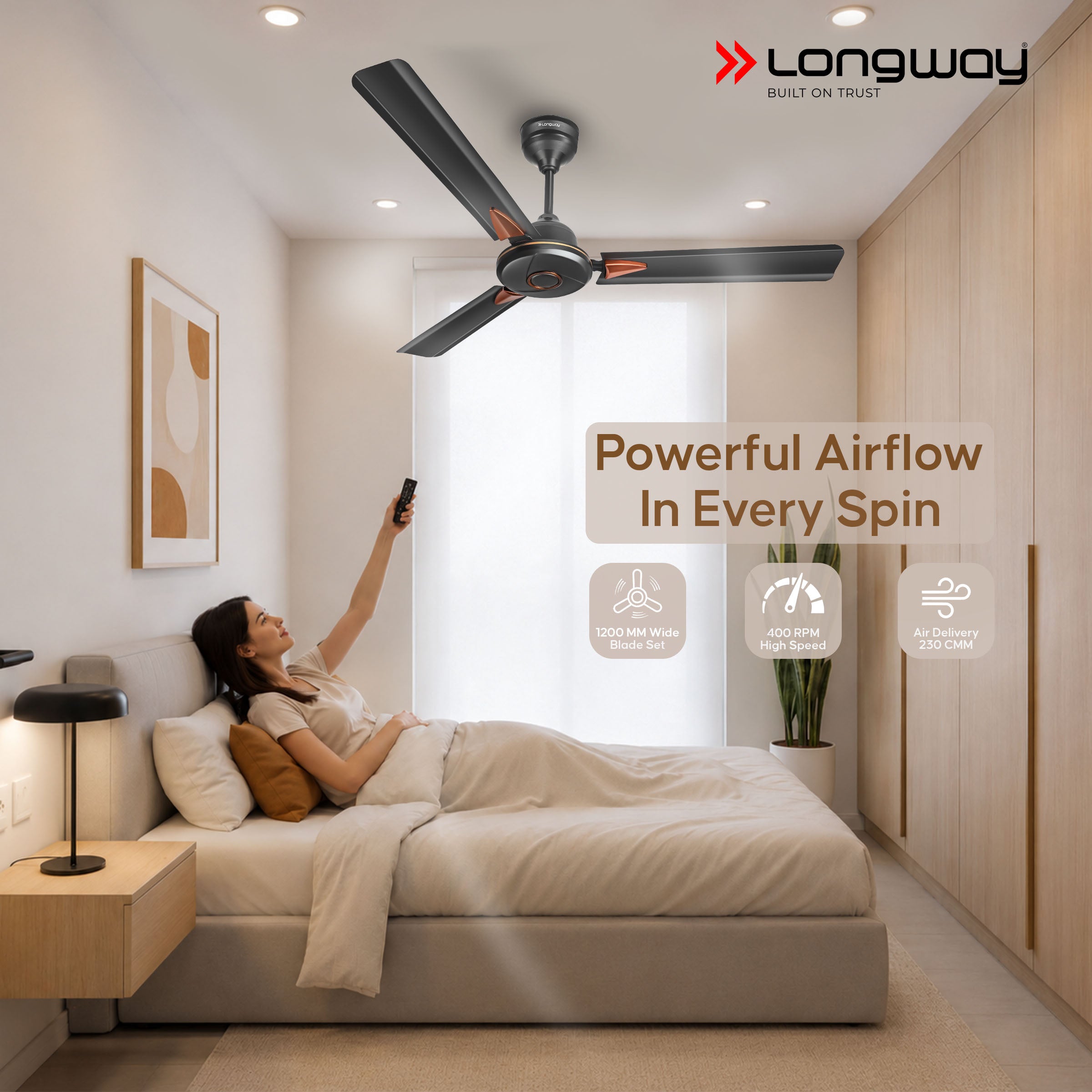 Longway Aero 1200 mm BLDC Ceiling Fan with Remote Control | BEE 5 Star Rated Energy Efficient | Ultra High Speed 3 Blade Anti-Dust Decorative Ceiling Fan