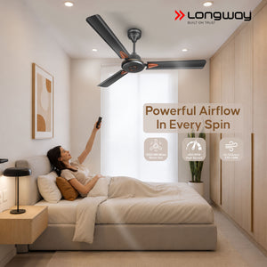 Longway Aero 1200 mm BLDC Ceiling Fan with Remote Control | BEE 5 Star Rated Energy Efficient | Ultra High Speed 3 Blade Anti-Dust Decorative Ceiling Fan