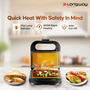 Longway Grilly Pro 850 W Grill Sandwich Maker & Toaster | Non-stick Coating Cast Aluminum Plates | Grills Sandwiches, Bread & Kebabs | 1 Year Warranty (Metallic Silver)