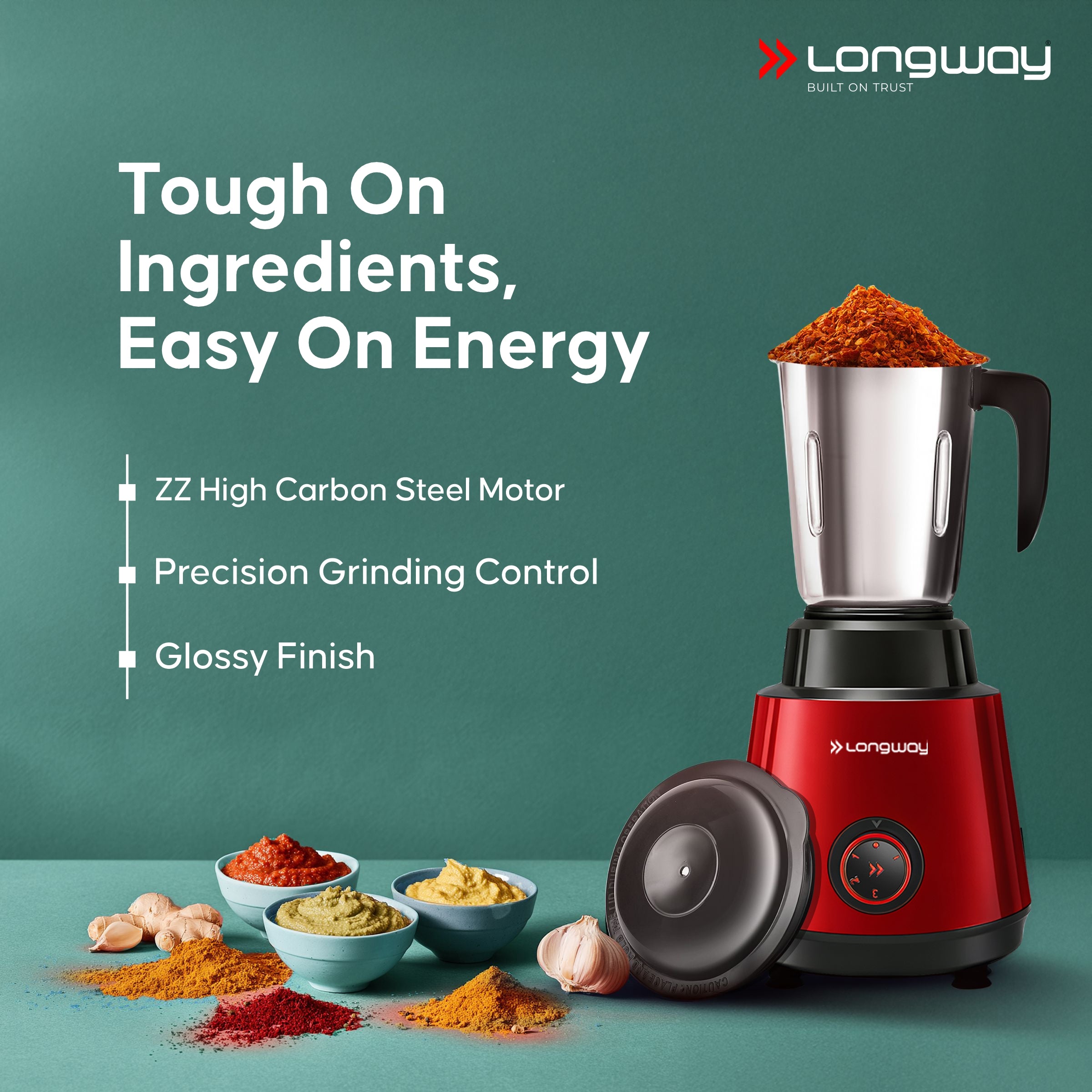 Longway Super Pro Juicer Mixer Grinder | Up to 500 - 750 Watt Max Output Powerful Motor | for Grinding, Mixing, Juicing | 2 Year Warranty