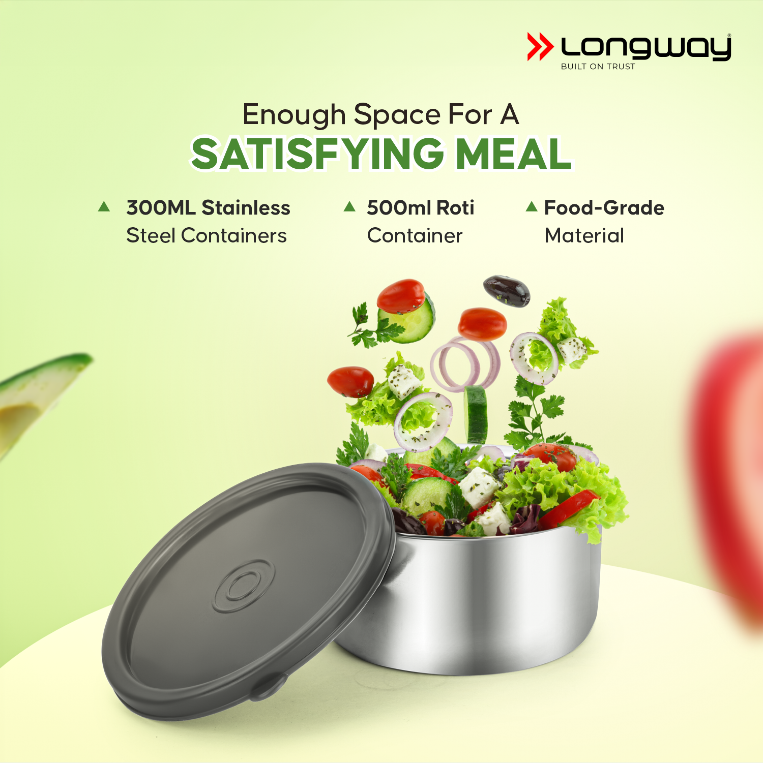 Longway Craveo Stainless Steel Lunch Box with 3 Containers | 2 Round 300ml Each & 1 Oval 500ml | Airtight & Leak Resistant Tiffin Box with Spoon | Food-Grade Steel Lunch Box for Office, School & College