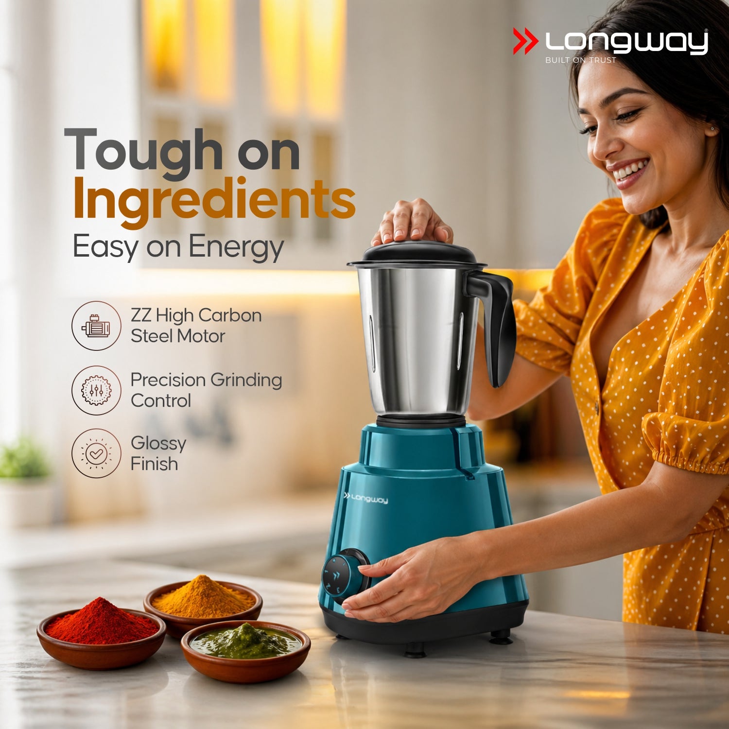 Longway Super Pro Juicer Mixer Grinder | Up to 500 - 750 Watt Max Output Powerful Motor | for Grinding, Mixing, Juicing | 2 Year Warranty