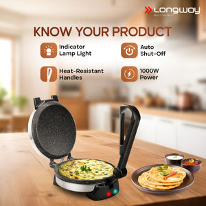 Longway Automatic Electric Roti Maker | Non-Stick Stainless Steel Press for Roti, Chapati & Parathas Multipurpose | (1000 W, Silver)