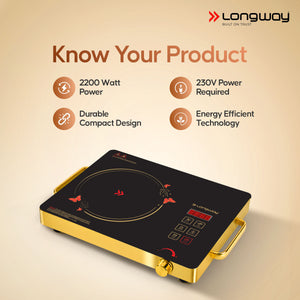 Longway Infralite Pro ICT 2200 W Infrared Cooktop with Free Stainless Steel Grill | Auto Shut Off & Overheat Protection