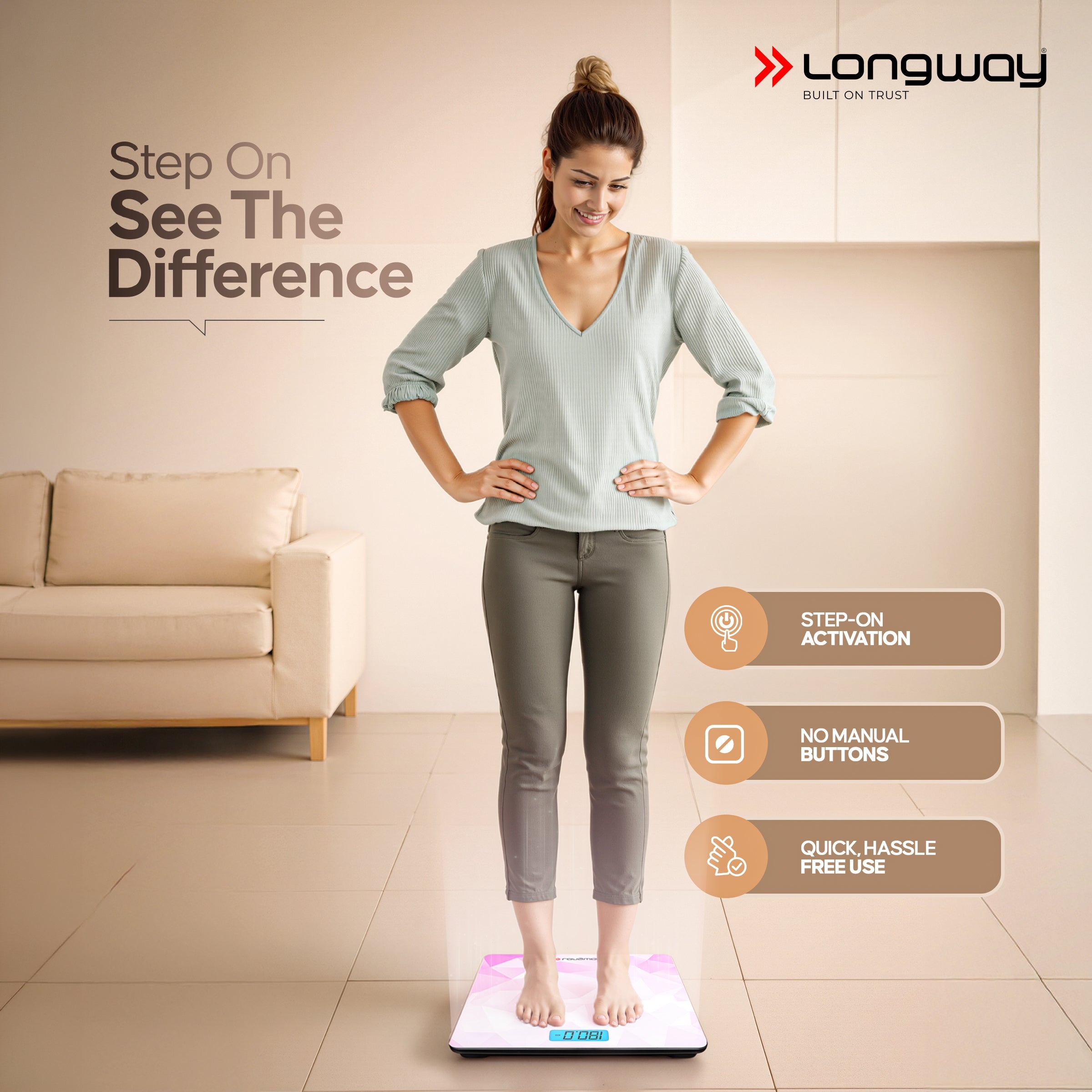 Longway Weight Machine for Home | Digital Bathroom Scale for Human Body Weight Measurement | Extra Thick Tempered Glass with LCD Display (36 Months Warranty | Max Weight 180Kgs | Sapphire)
