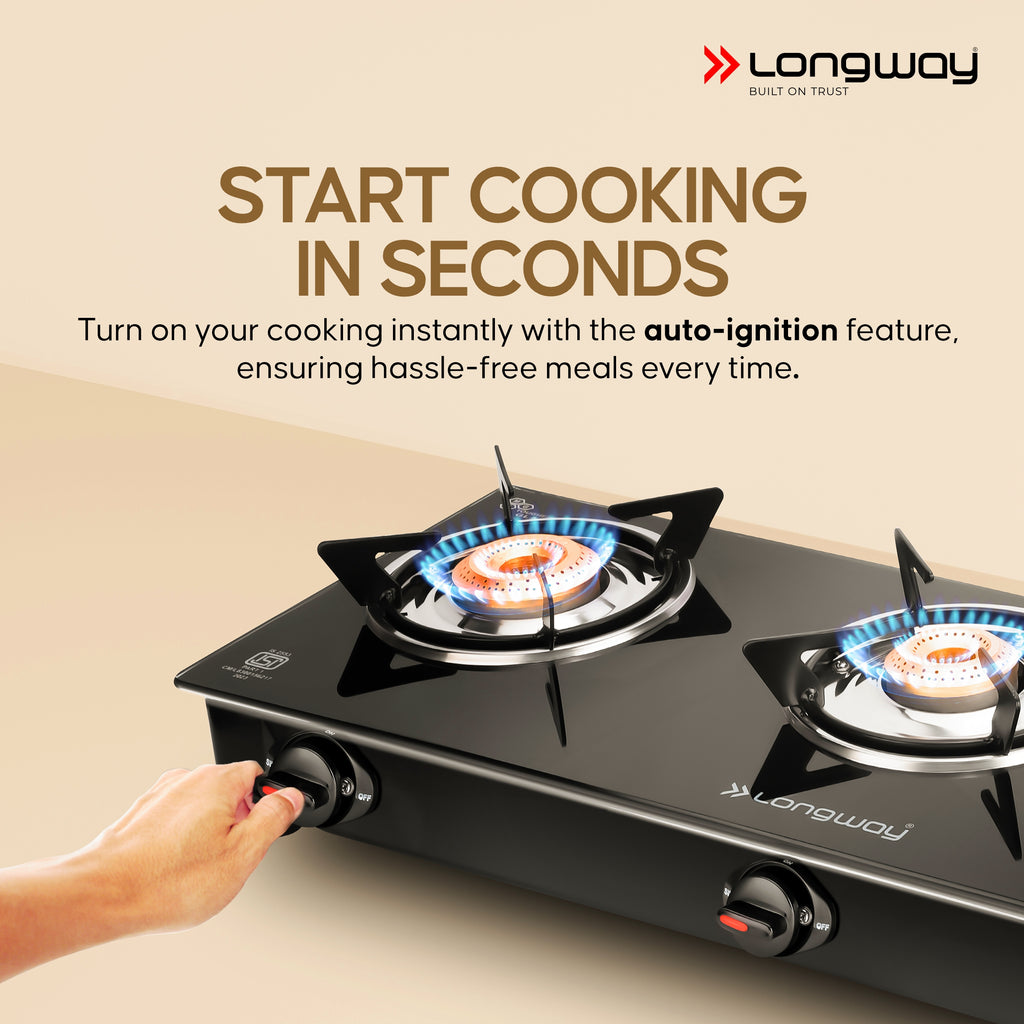 Longway Furn Glass Top, 3 Burner Auto Ignition Glass Gas Stove (Black, Longway India