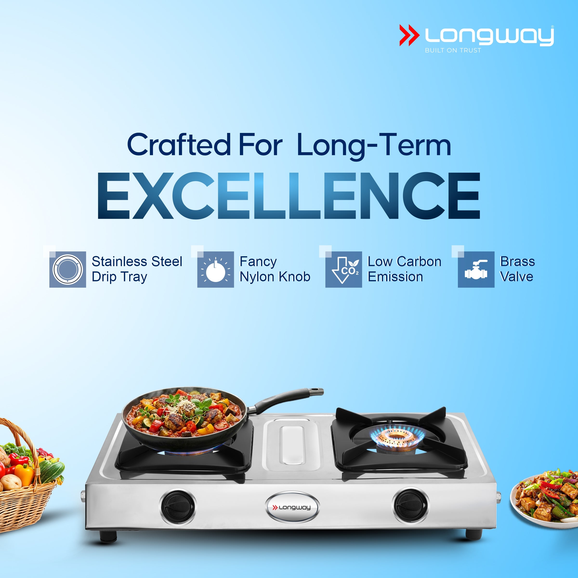 Longway Stellar Stainless Steel Top, 2 Burner Manual Ignition Stainless Steel Gas Stove (Silver, ISI Certified, 2 Year Warranty)