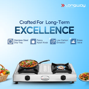 Longway Stellar Stainless Steel Top, 2 Burner Manual Ignition Stainless Steel Gas Stove (Silver, ISI Certified, 2 Year Warranty)