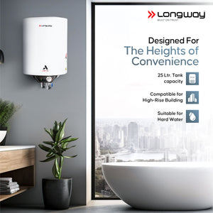 Longway Arctic 25 Ltr 5 Star Rated Storage Water Heater for Home with Advanced Multi-Layered Safety System & Anti-Rust Coating | Glassline Coated Tank | Suitable for Hard Water & High-Rise Building | 5 Years Warranty (White)