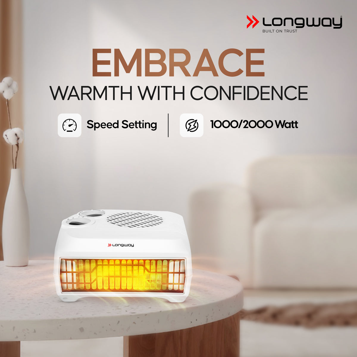 Longway Thermora 2000/1000 W Fan Room Heater with ISI Approved | 1 Year Warranty (White)